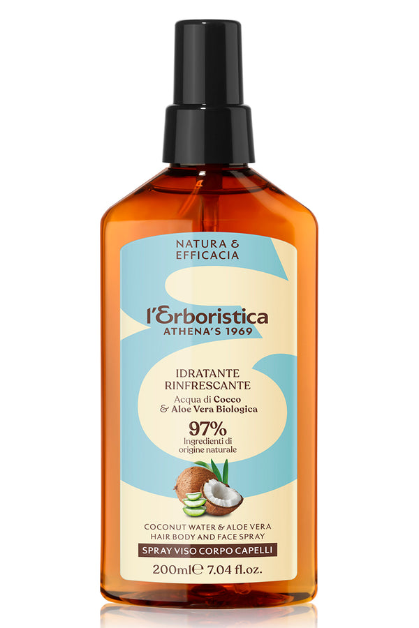 Spray pentru ten, corp si par, cu apa naturala de cocos si suc organic de aloe vera, l'Erboristica, 200 ml